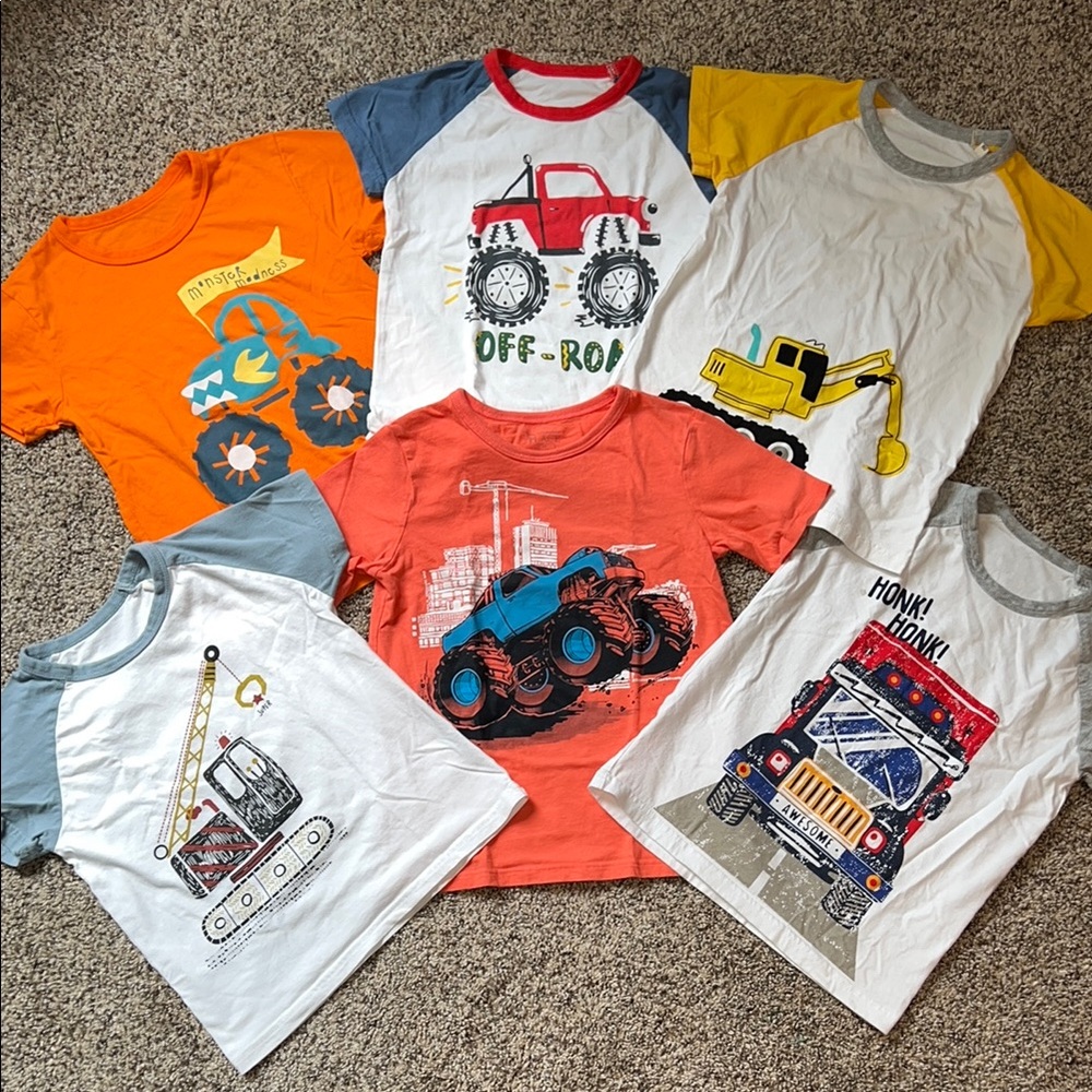 The Children's Place Orange and Red Short Sleeve Tees with Vehicle Graphics
